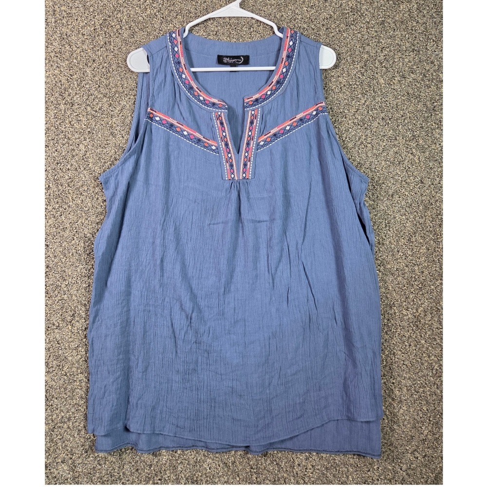 Whispers Blouse Womens 2X Blue Embroidered Sleeveless Crinkle Cotton Rayon Top